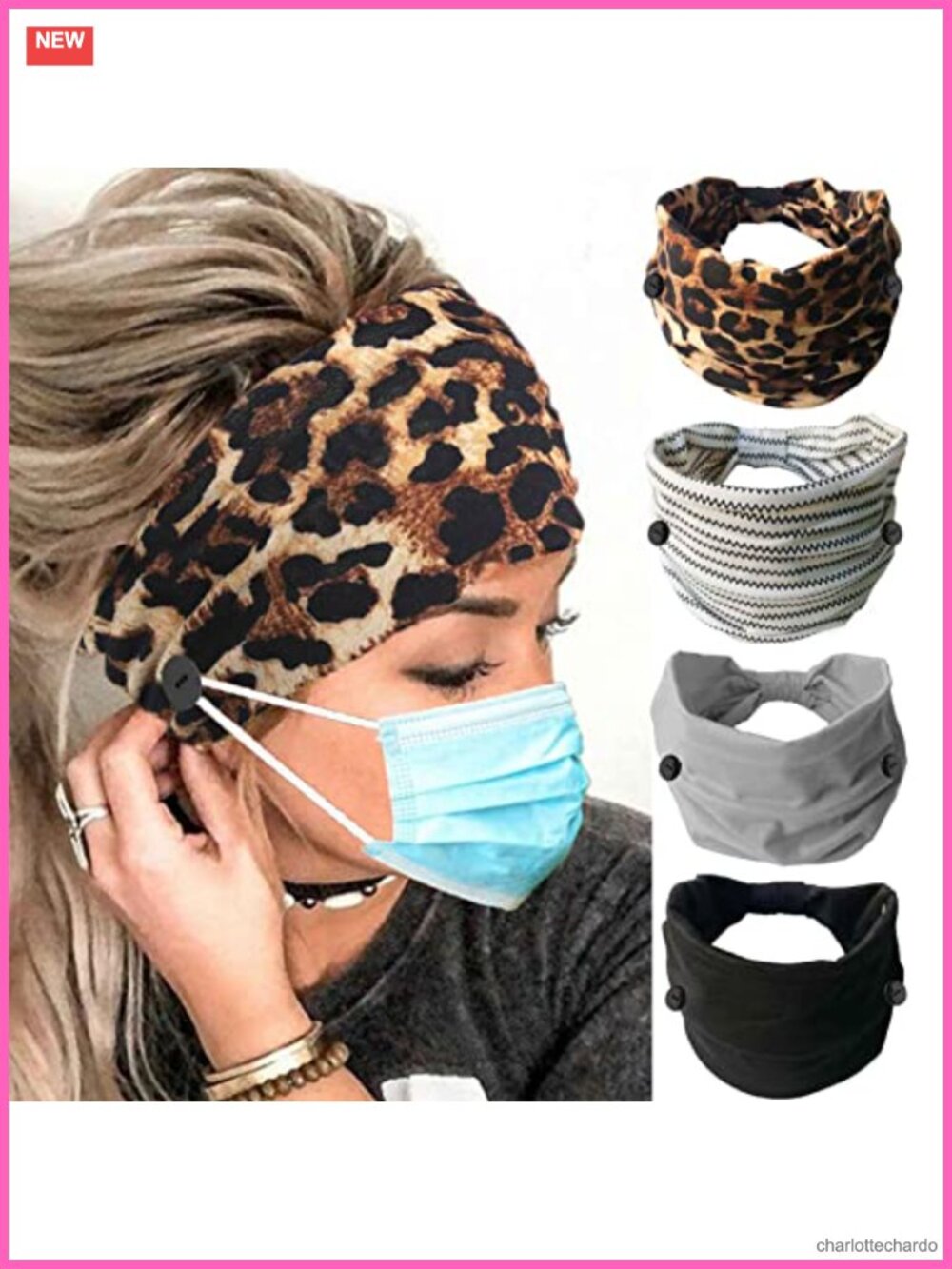 Wide Leopard Headbands with Buttons 4 Pack Non Slip Elastic Yoga Nurse